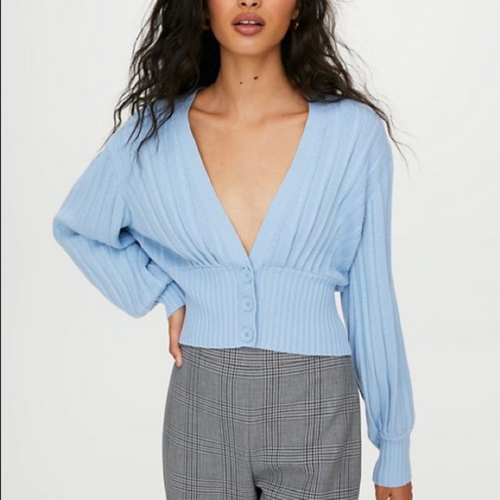 COPY - ARITZIA WILFRED PLUNGE CARDIGAN IN AURA BLUE
